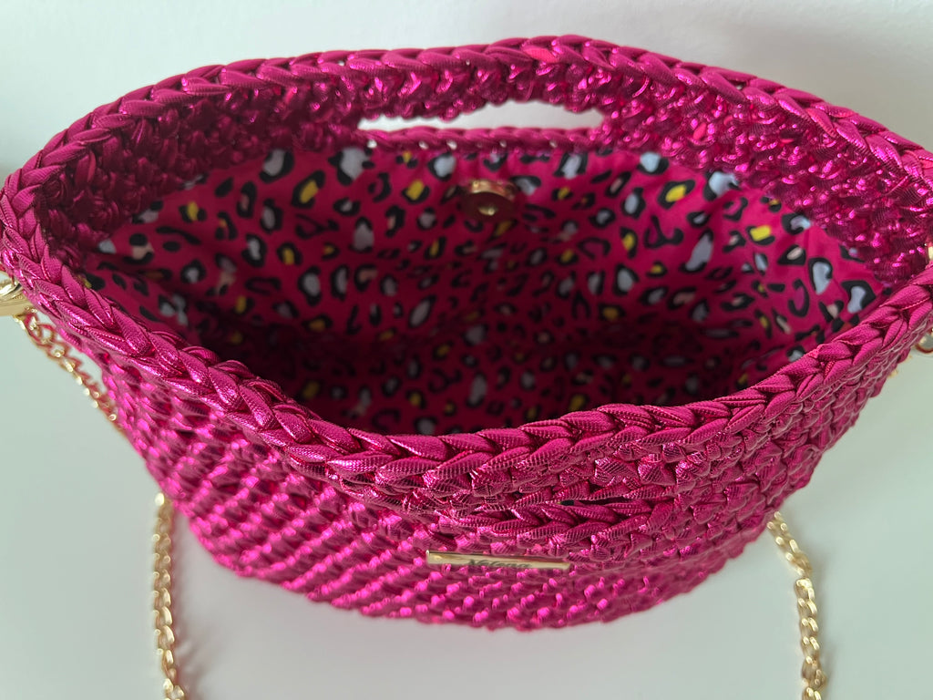 Handmade Fuchsia Metallic Crochet Shoulder Bag with PU Leather Base