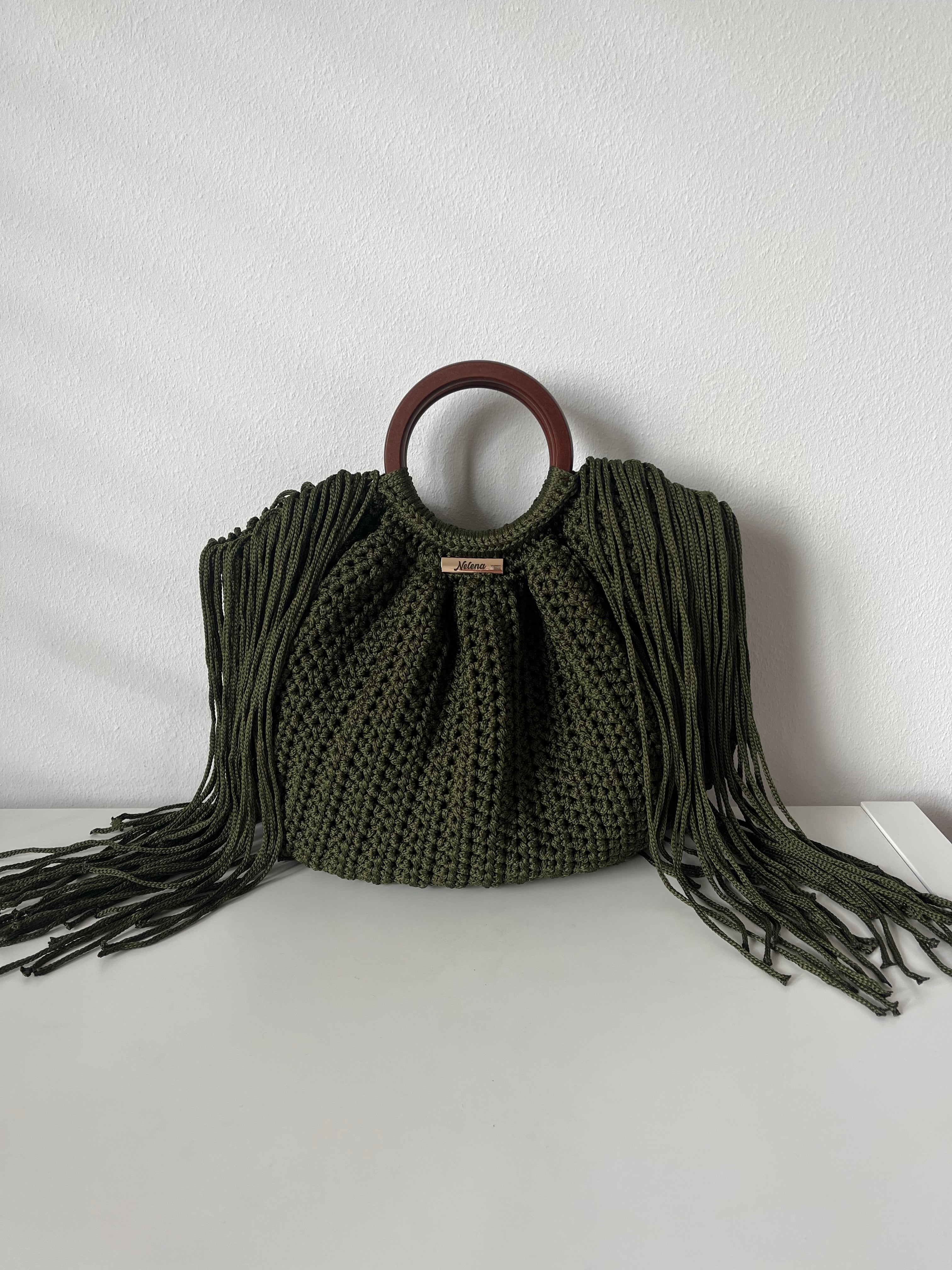Green Aura – Handmade Crochet Handbag with Wooden Handles