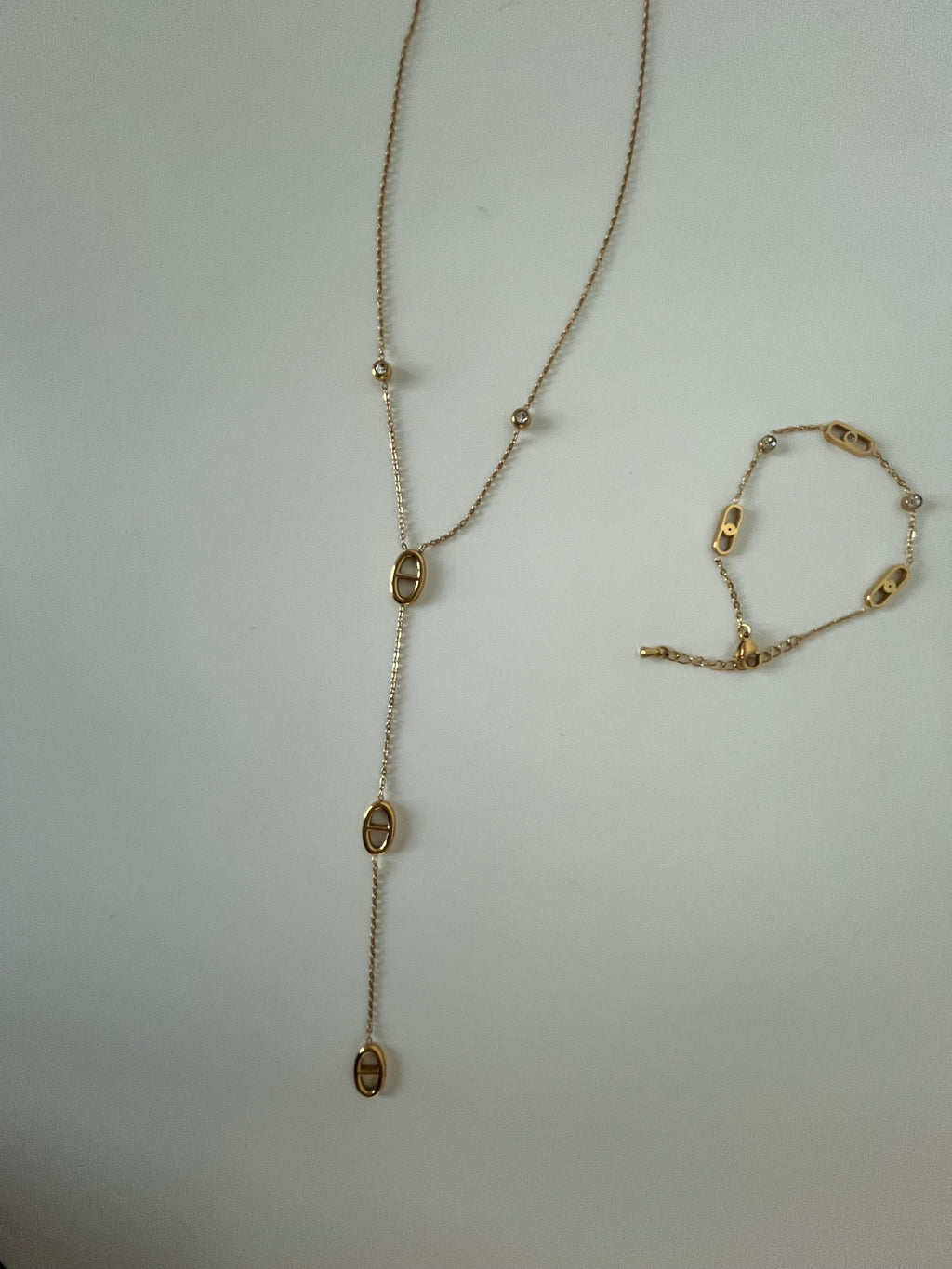 Golden Stainless Steel Lariat Necklace & Bracelet Set with Crystal Accents
