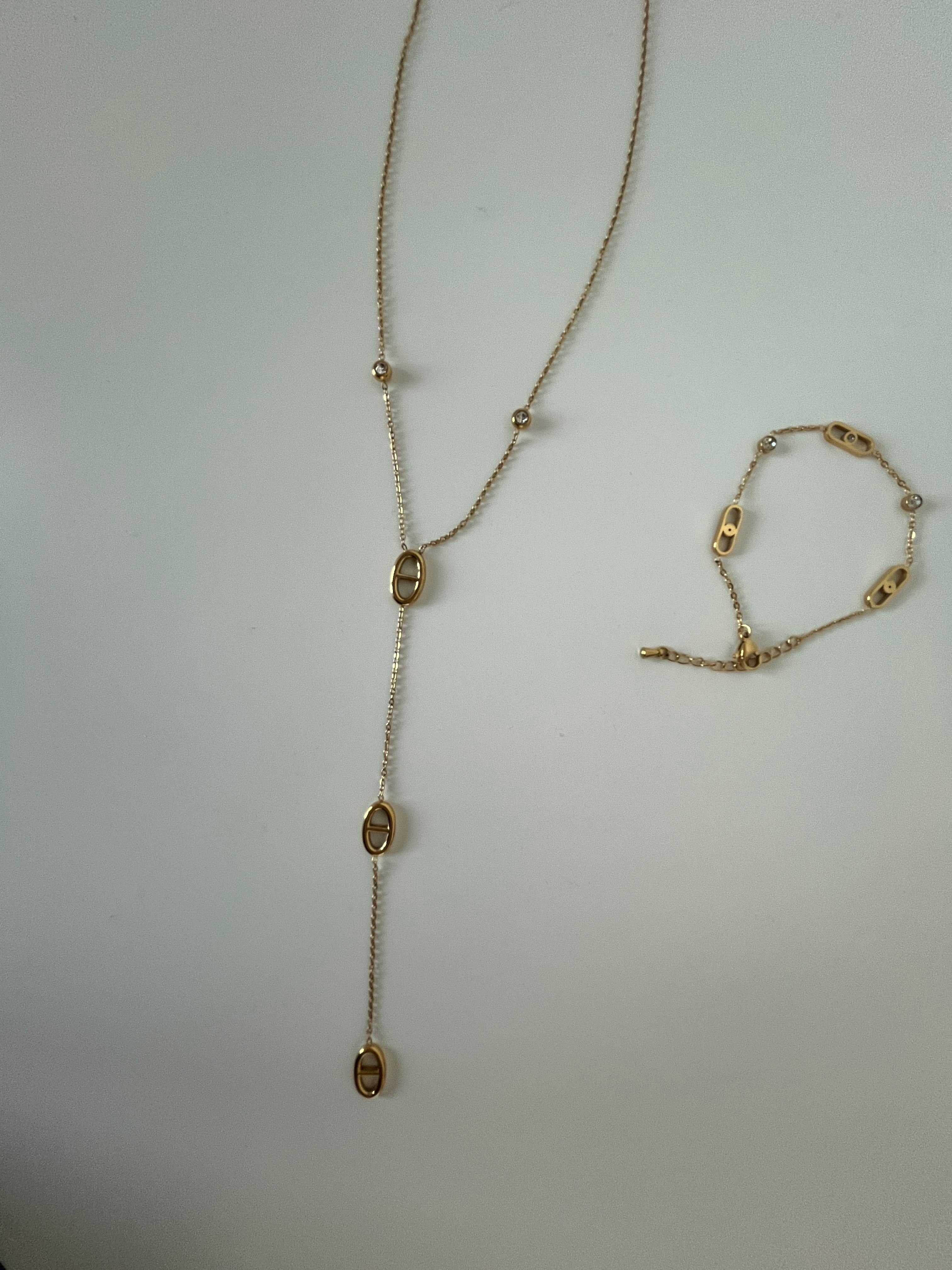 Golden Stainless Steel Lariat Necklace & Bracelet Set with Crystal Accents