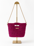 Handmade Fuchsia Metallic Crochet Shoulder Bag with PU Leather Base