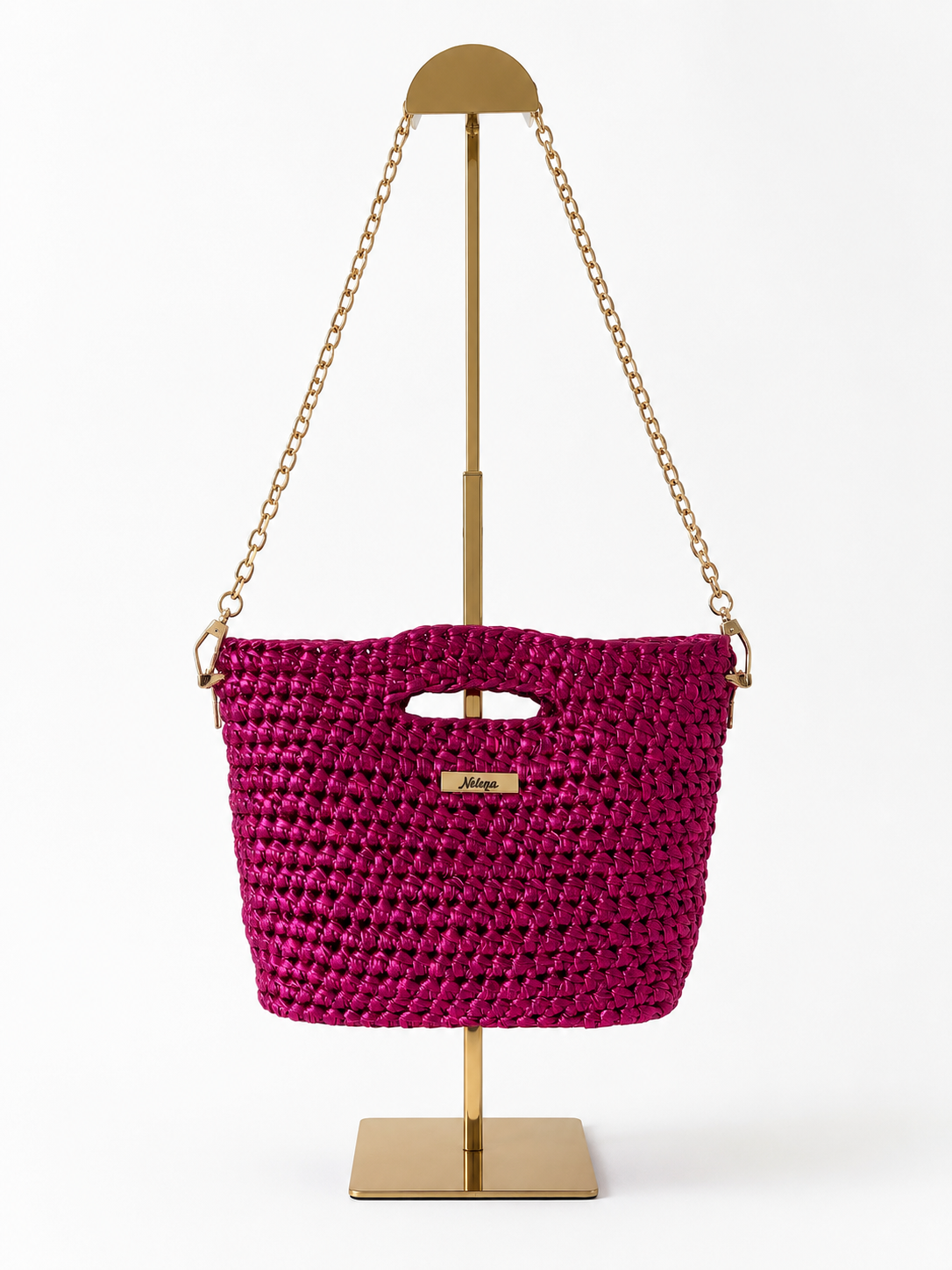 Handmade Fuchsia Metallic Crochet Shoulder Bag with PU Leather Base