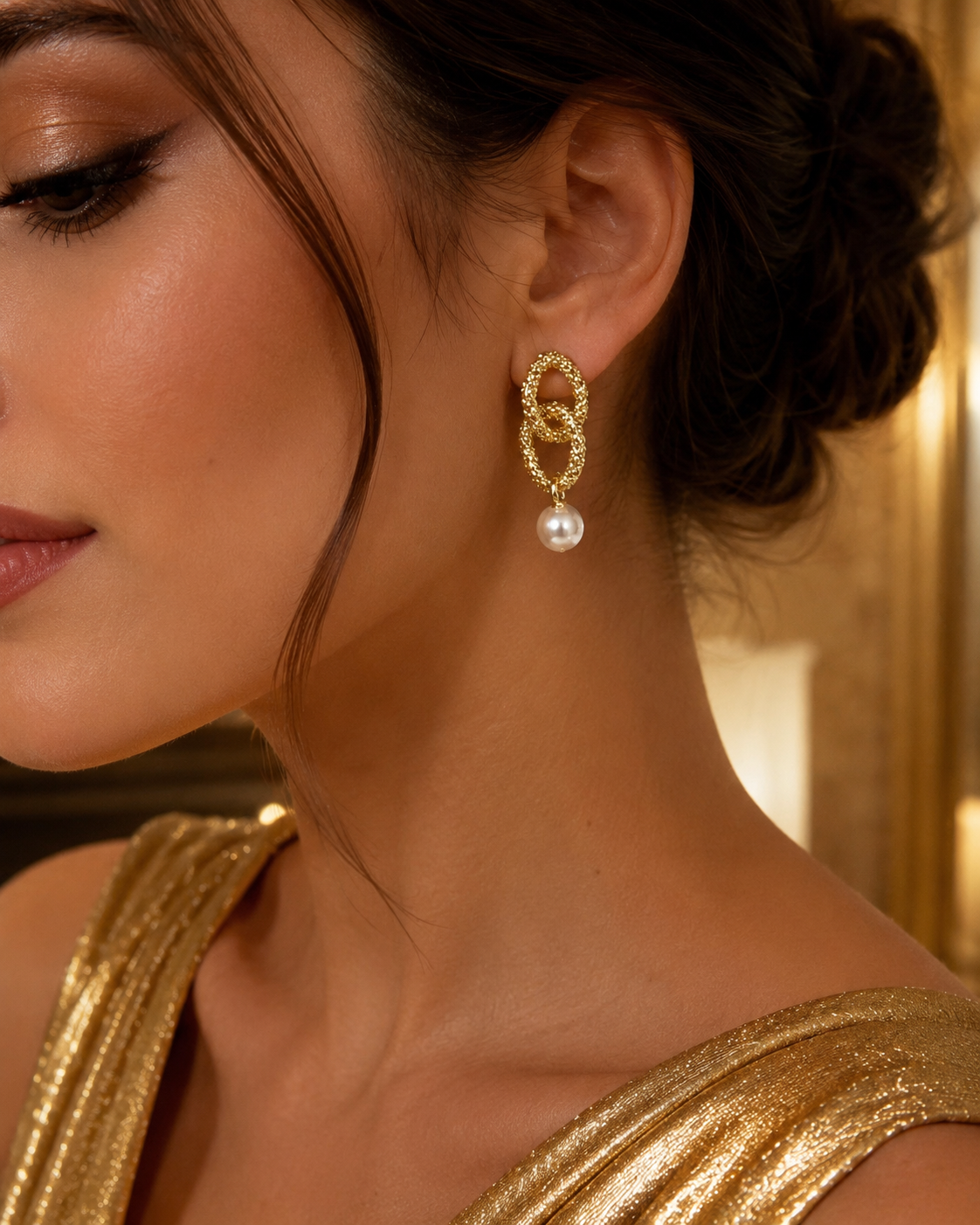 Textured Gold Link Pearl Earrings
