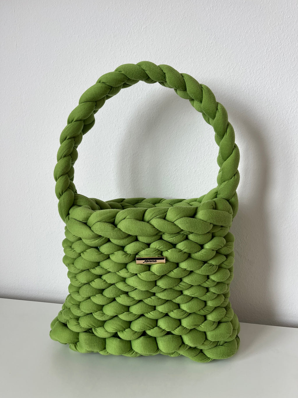 Handmade Lime Green Braided Shoulder Bag – Cotton & Polyester Yarn