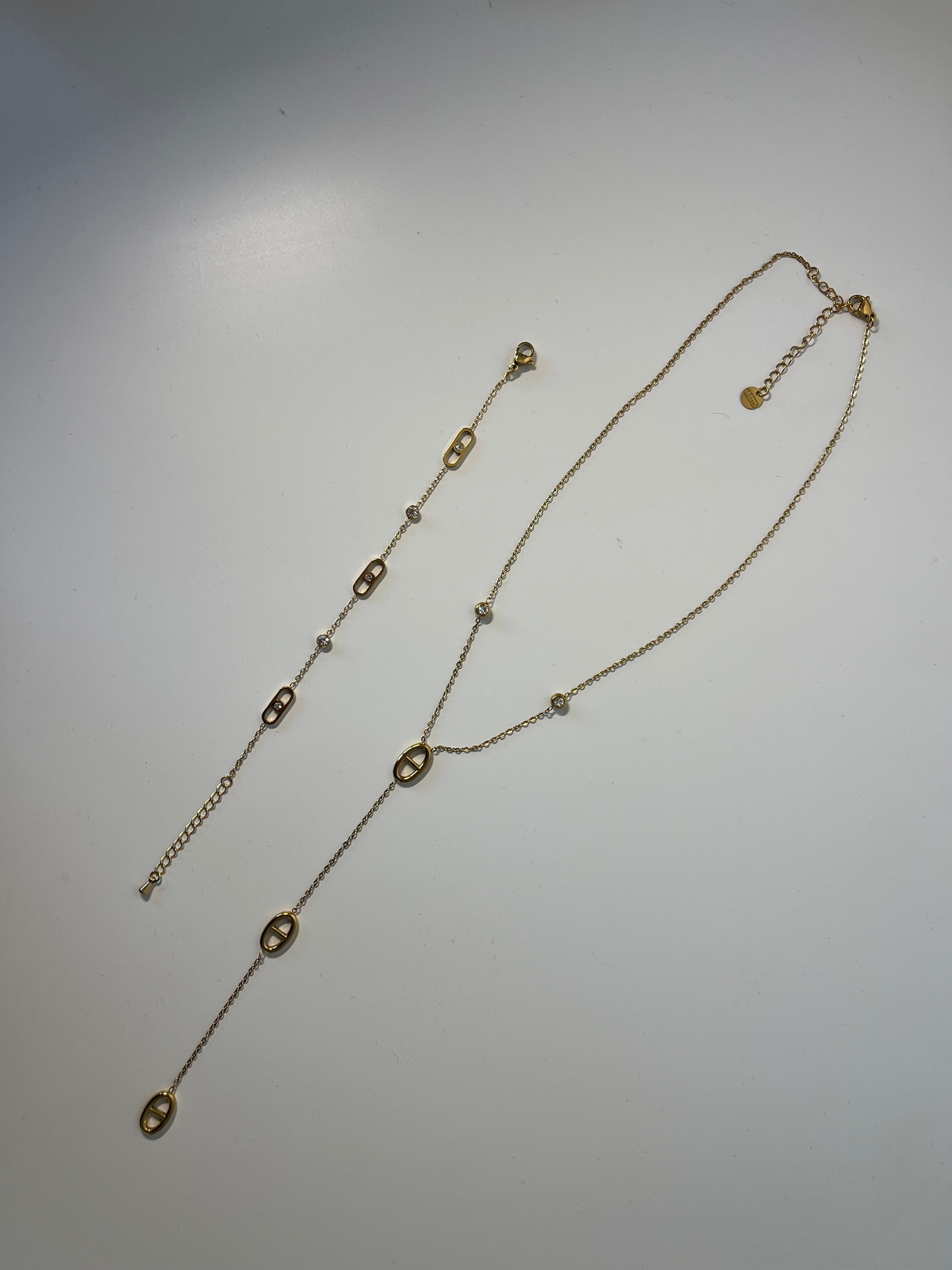 Golden Stainless Steel Lariat Necklace & Bracelet Set with Crystal Accents