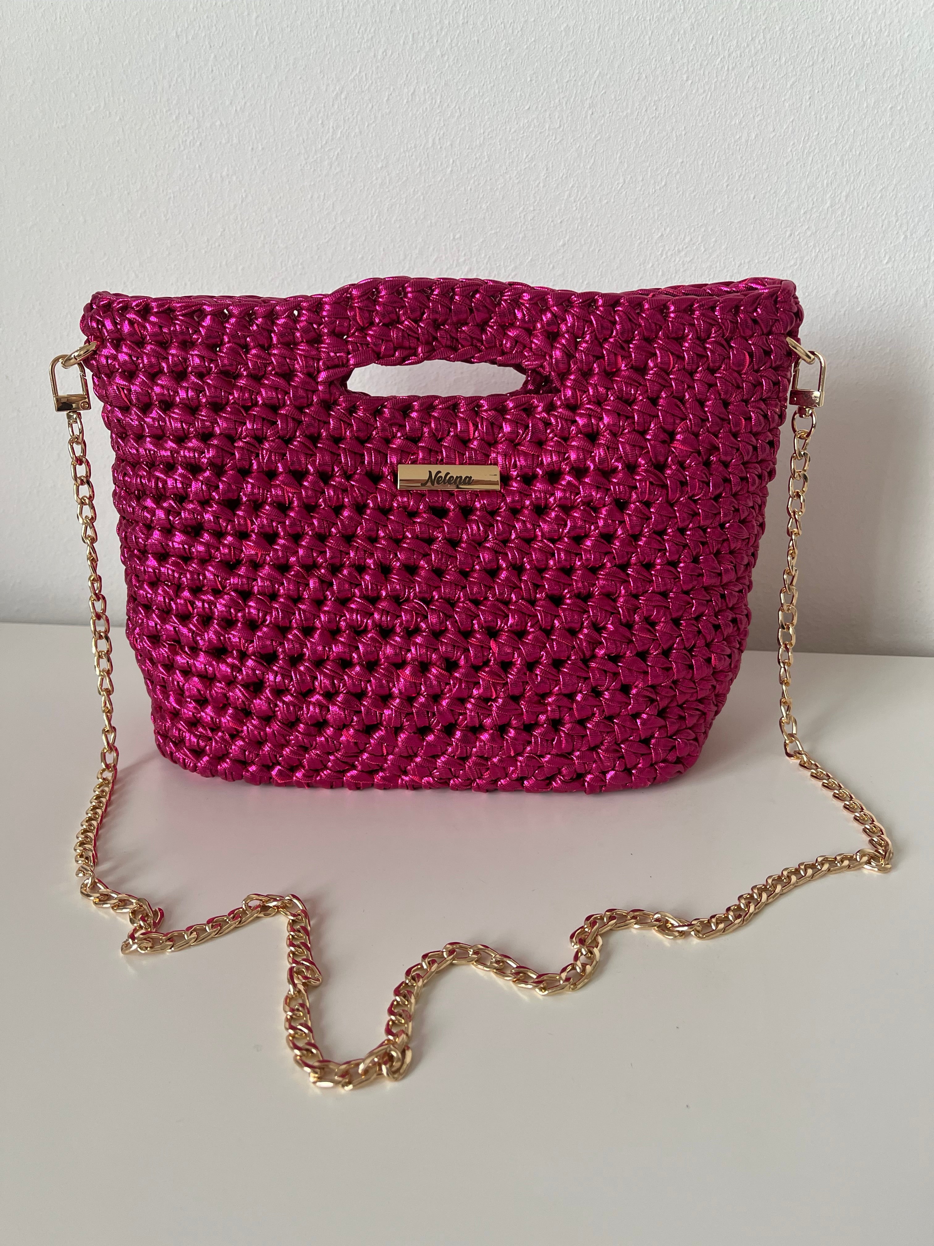 Handmade Fuchsia Metallic Crochet Shoulder Bag with PU Leather Base