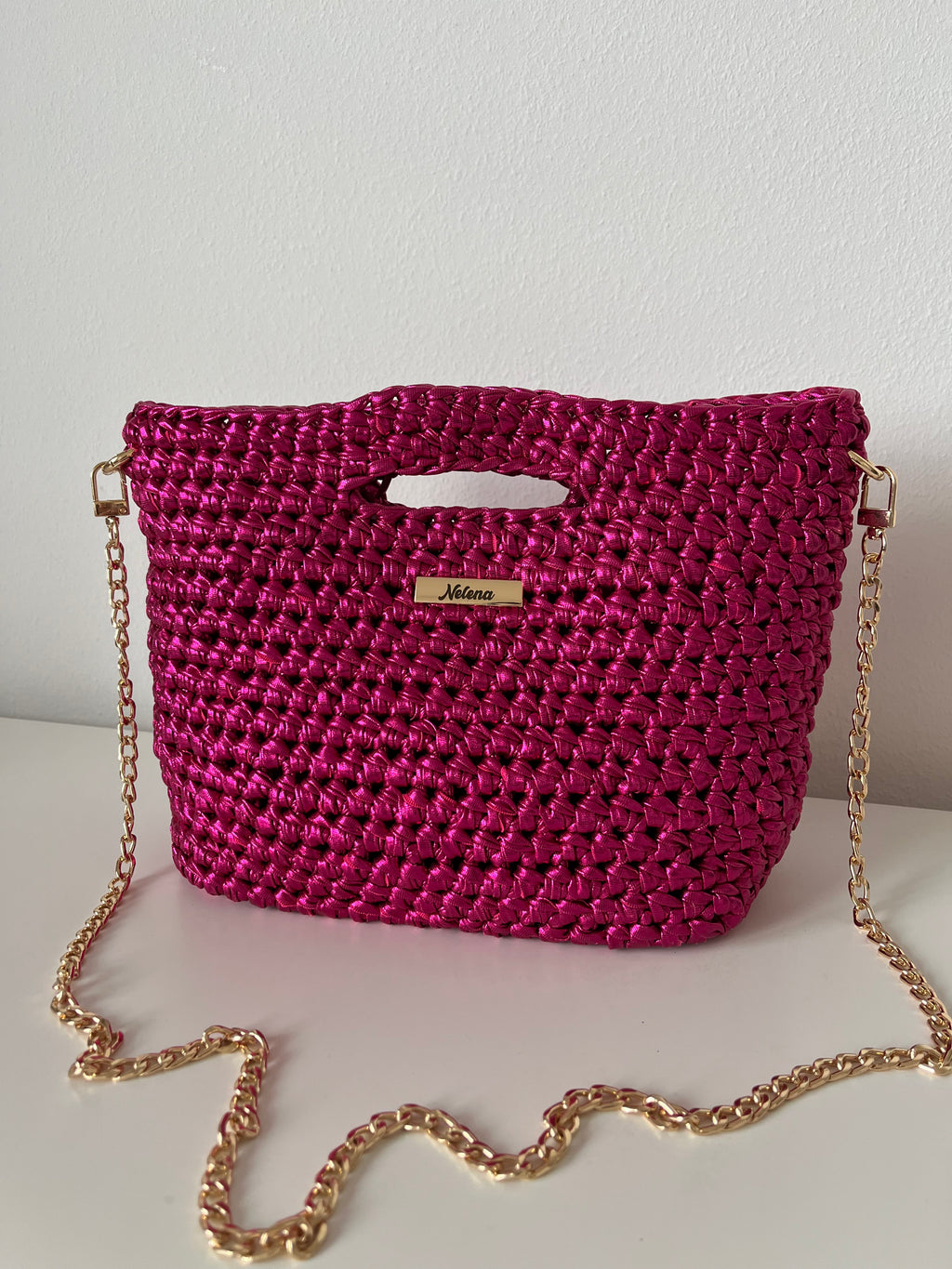 Handmade Fuchsia Metallic Crochet Shoulder Bag with PU Leather Base