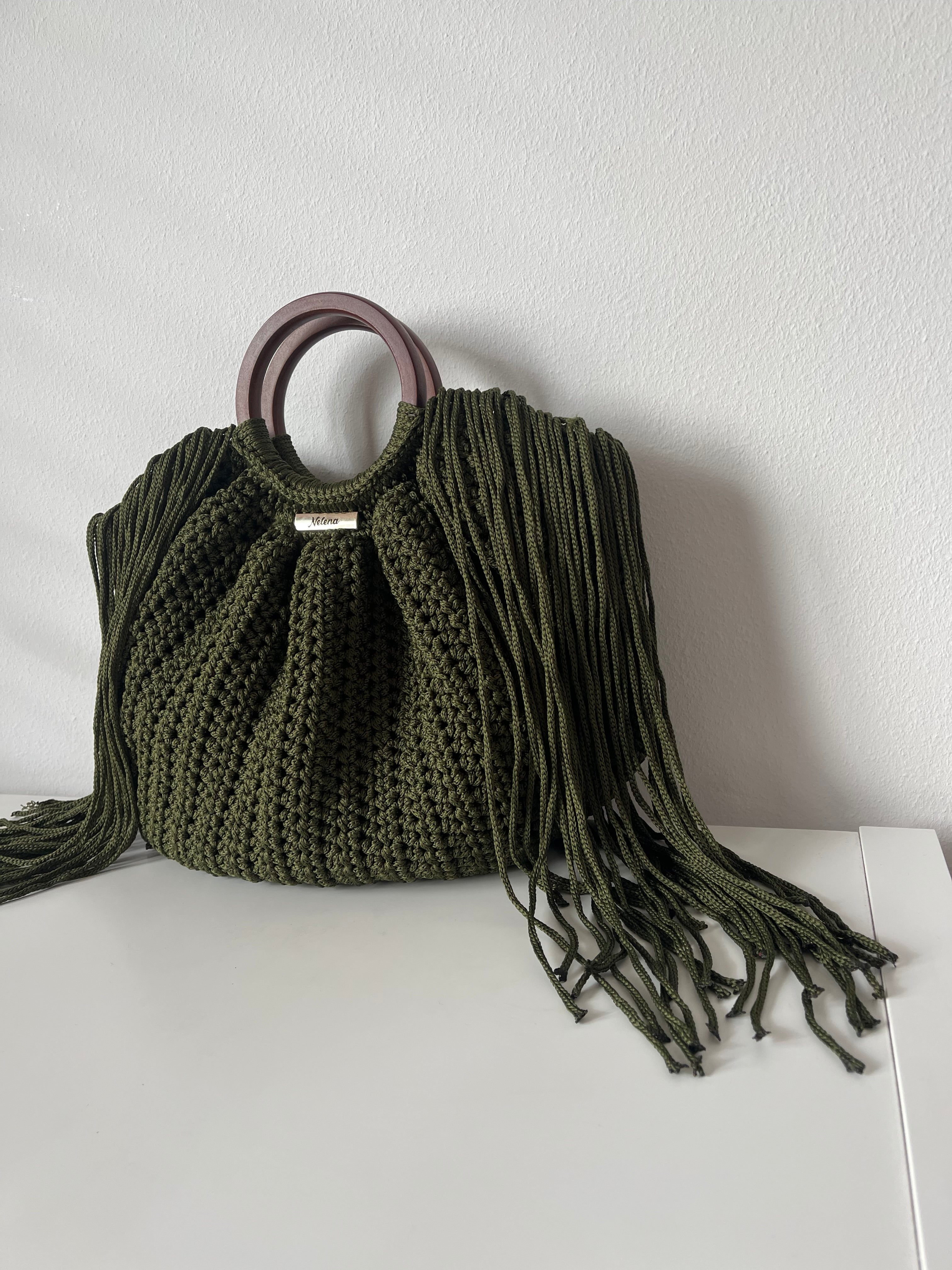Green Aura – Handmade Crochet Handbag with Wooden Handles