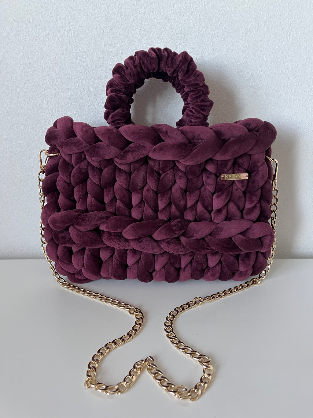 VELOURA – Handmade Burgundy Velvet Bag with Gold Chain