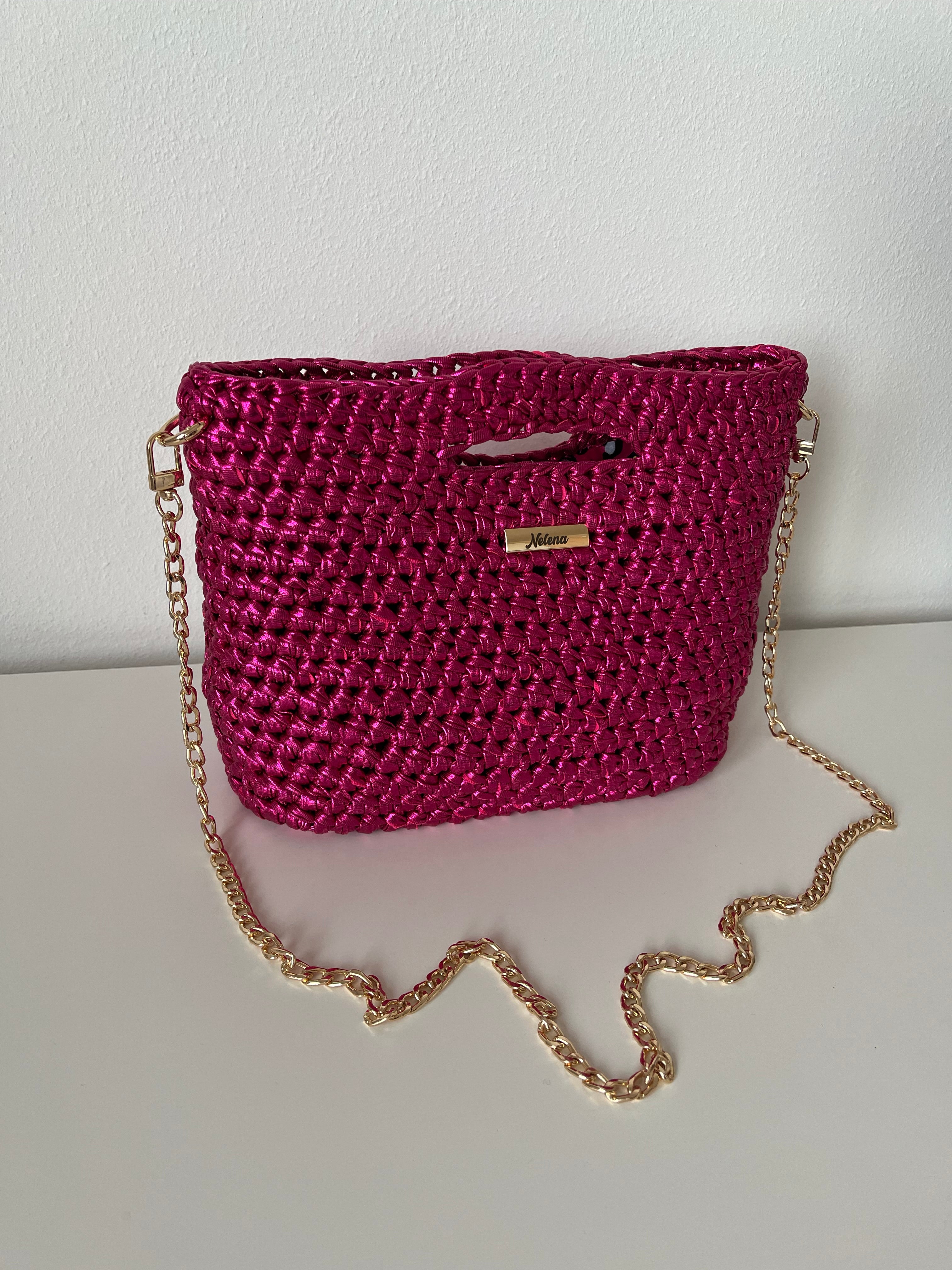 Handmade Fuchsia Metallic Crochet Shoulder Bag with PU Leather Base