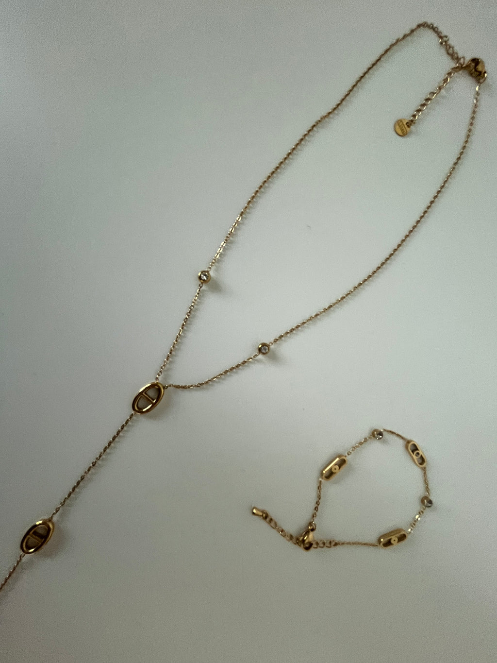Golden Stainless Steel Lariat Necklace & Bracelet Set with Crystal Accents