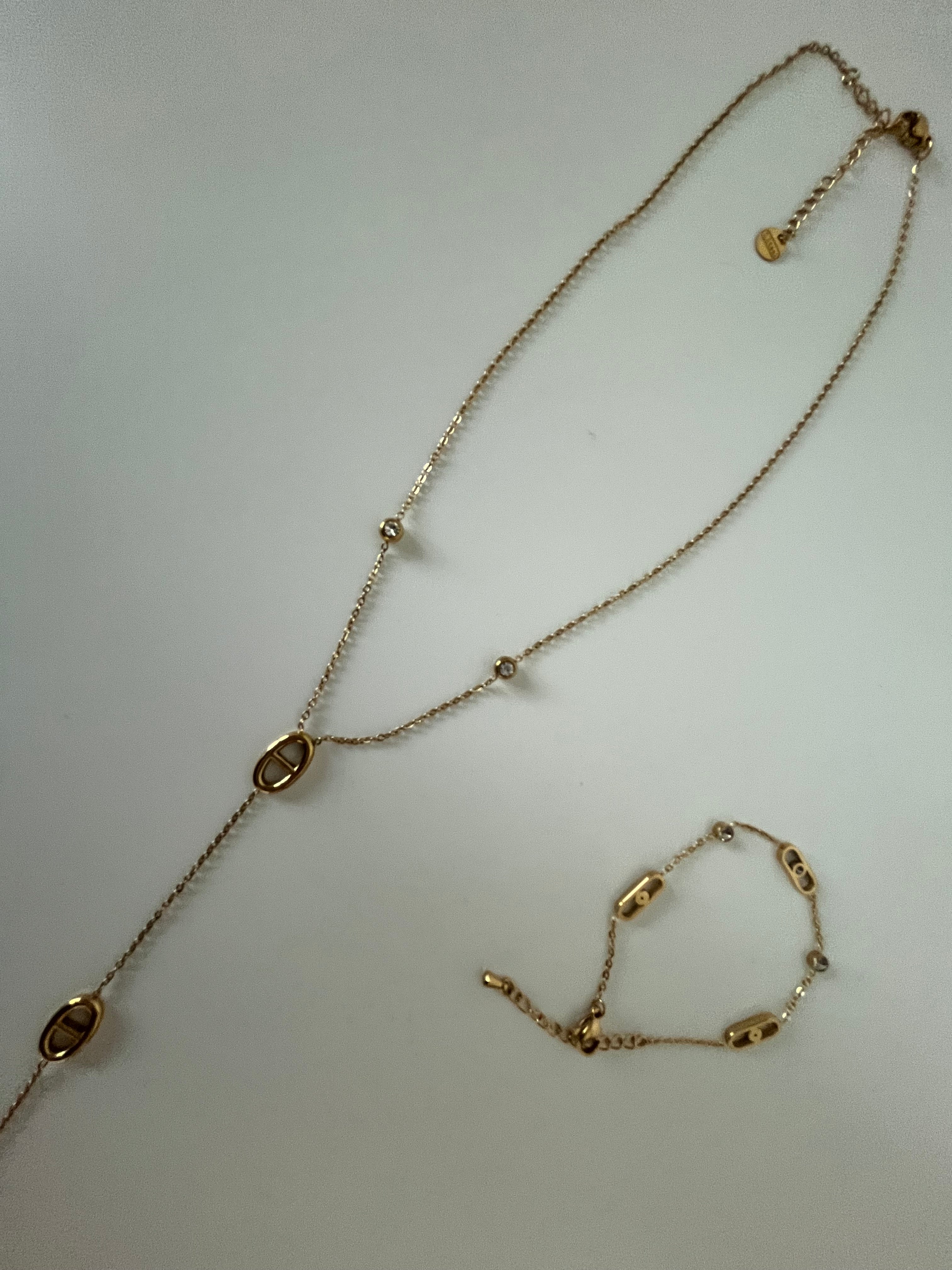Golden Stainless Steel Lariat Necklace & Bracelet Set with Crystal Accents