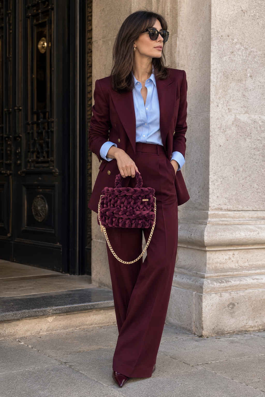 VELOURA – Handmade Burgundy Velvet Bag with Gold Chain