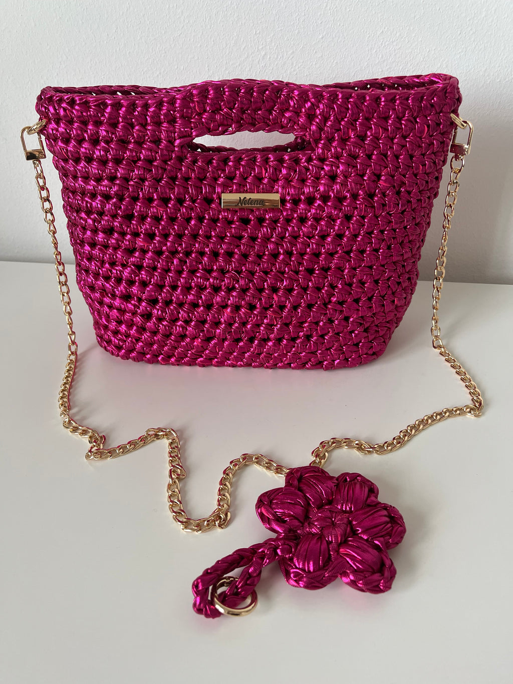 Handmade Fuchsia Metallic Crochet Shoulder Bag with PU Leather Base