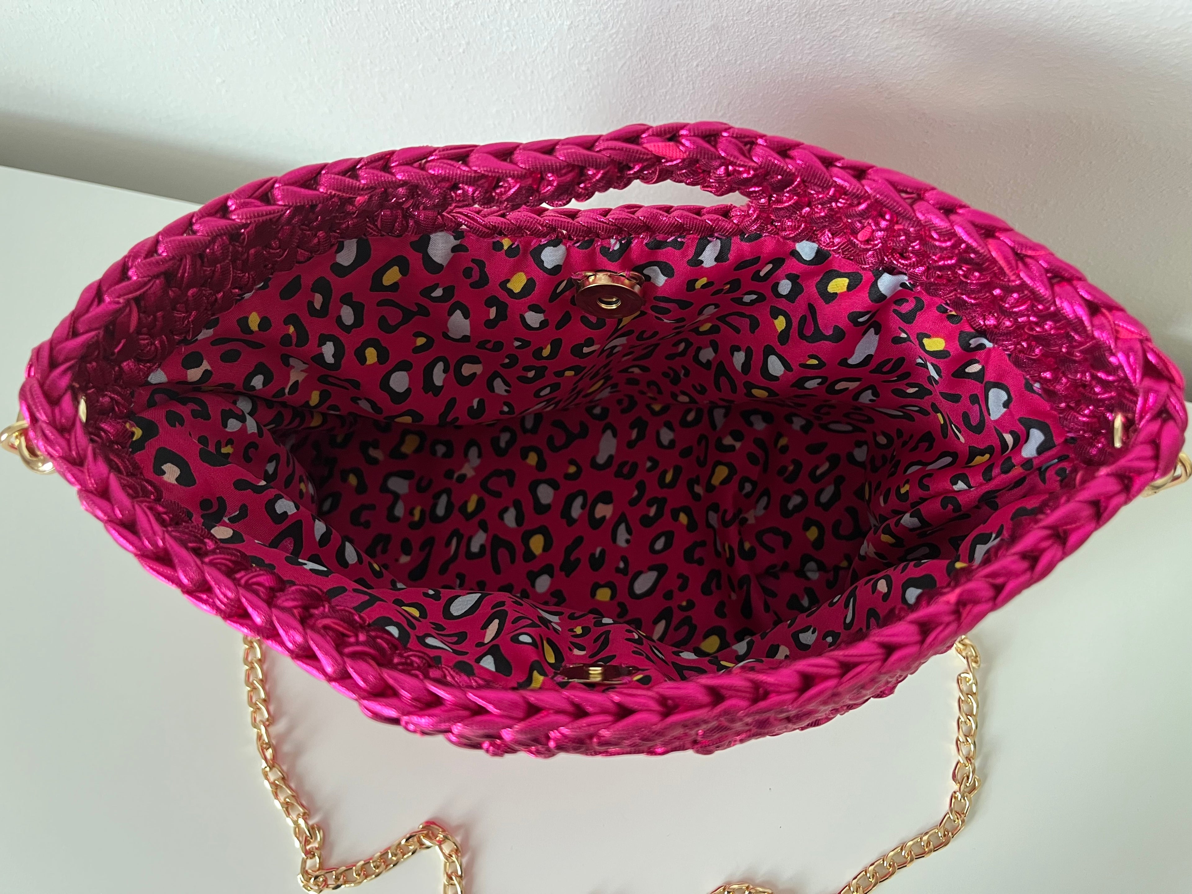 Handmade Fuchsia Metallic Crochet Shoulder Bag with PU Leather Base
