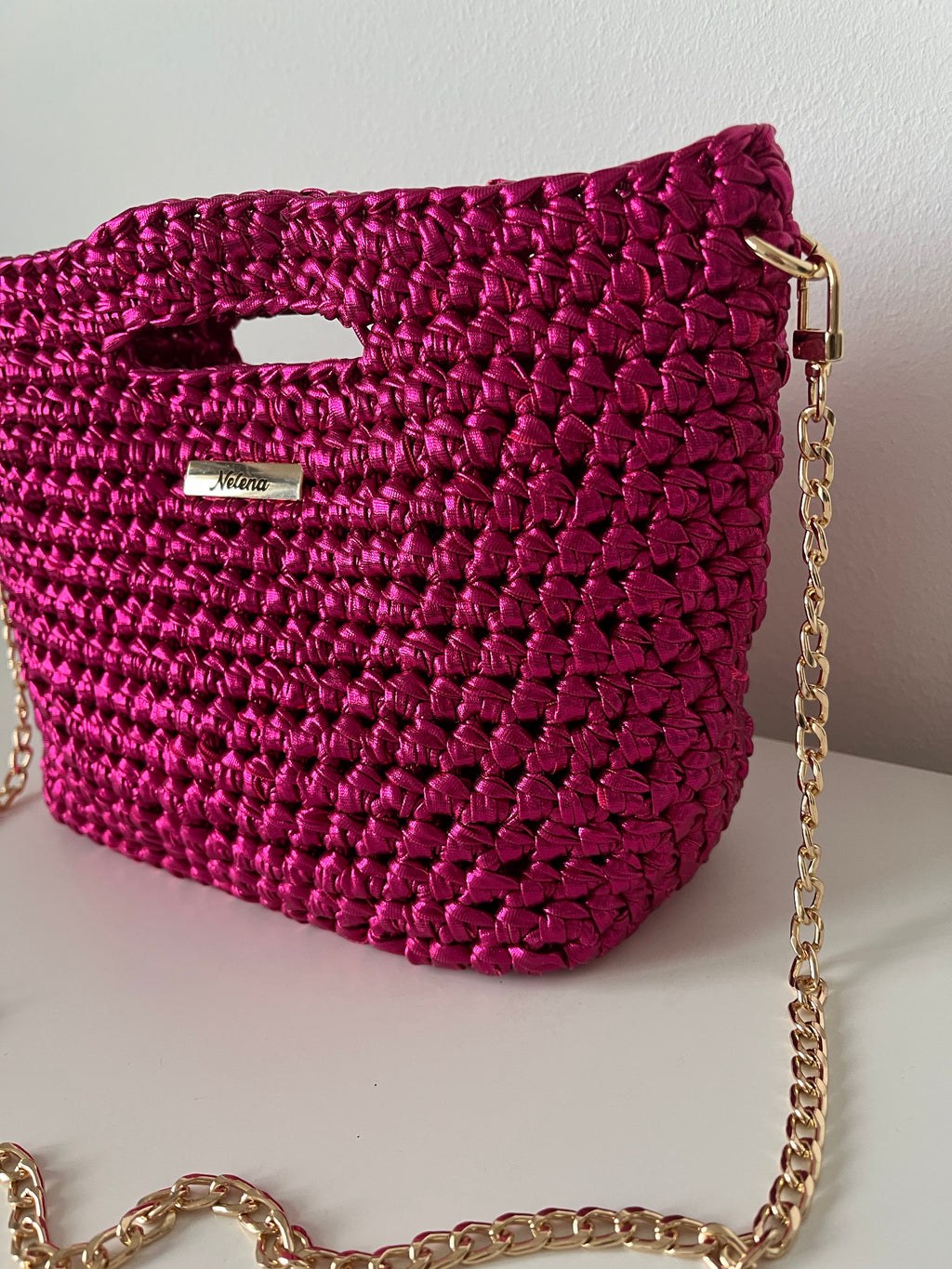 Handmade Fuchsia Metallic Crochet Shoulder Bag with PU Leather Base