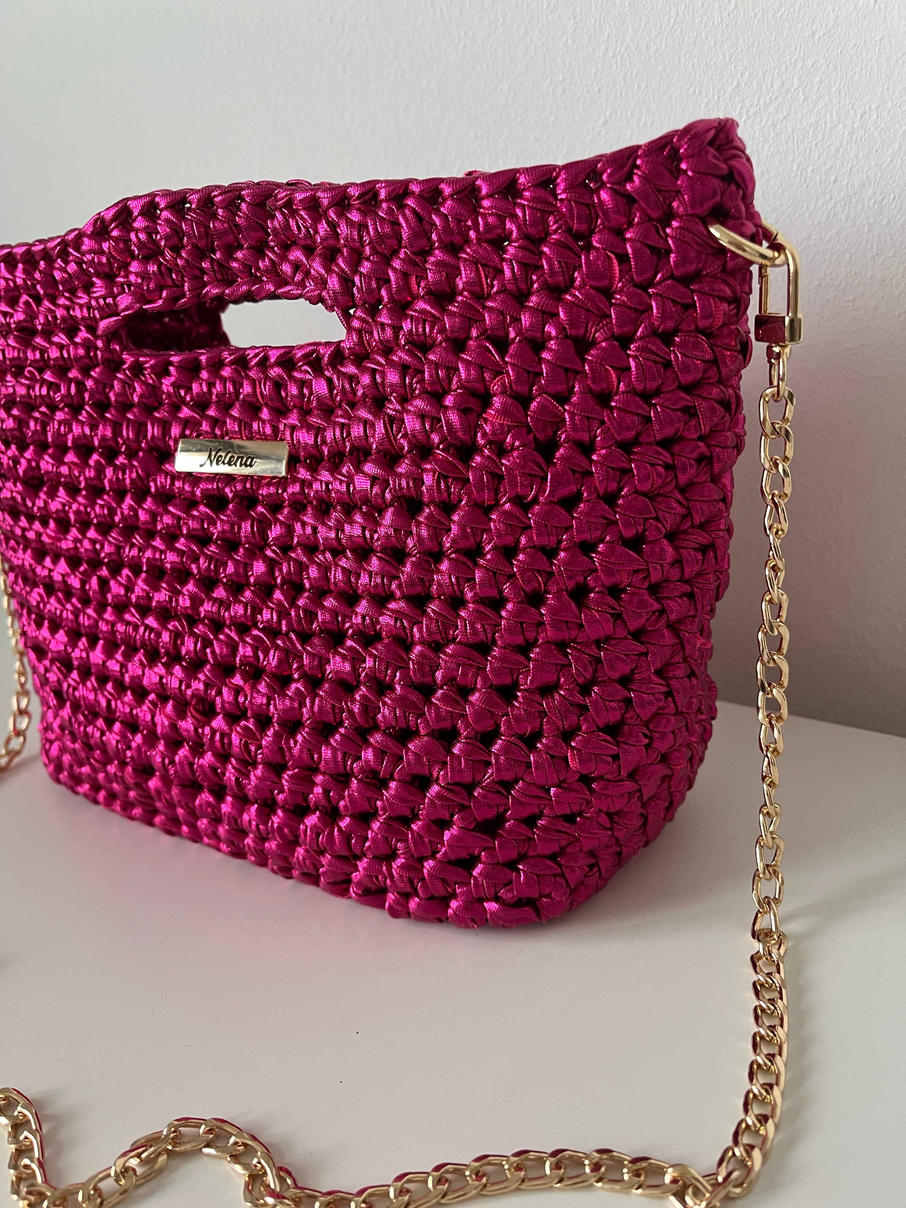 Handmade Fuchsia Metallic Crochet Shoulder Bag with PU Leather Base