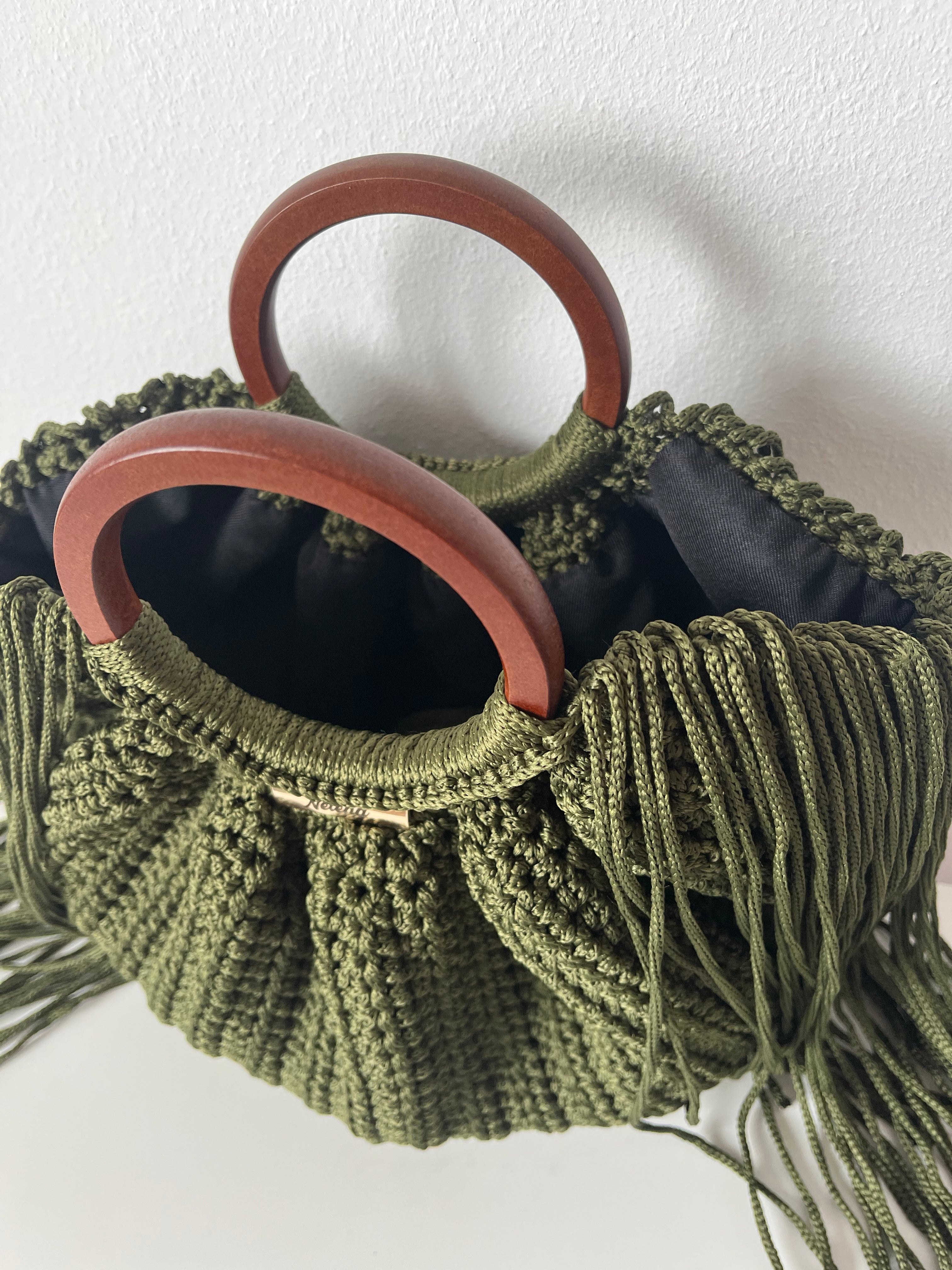Green Aura – Handmade Crochet Handbag with Wooden Handles