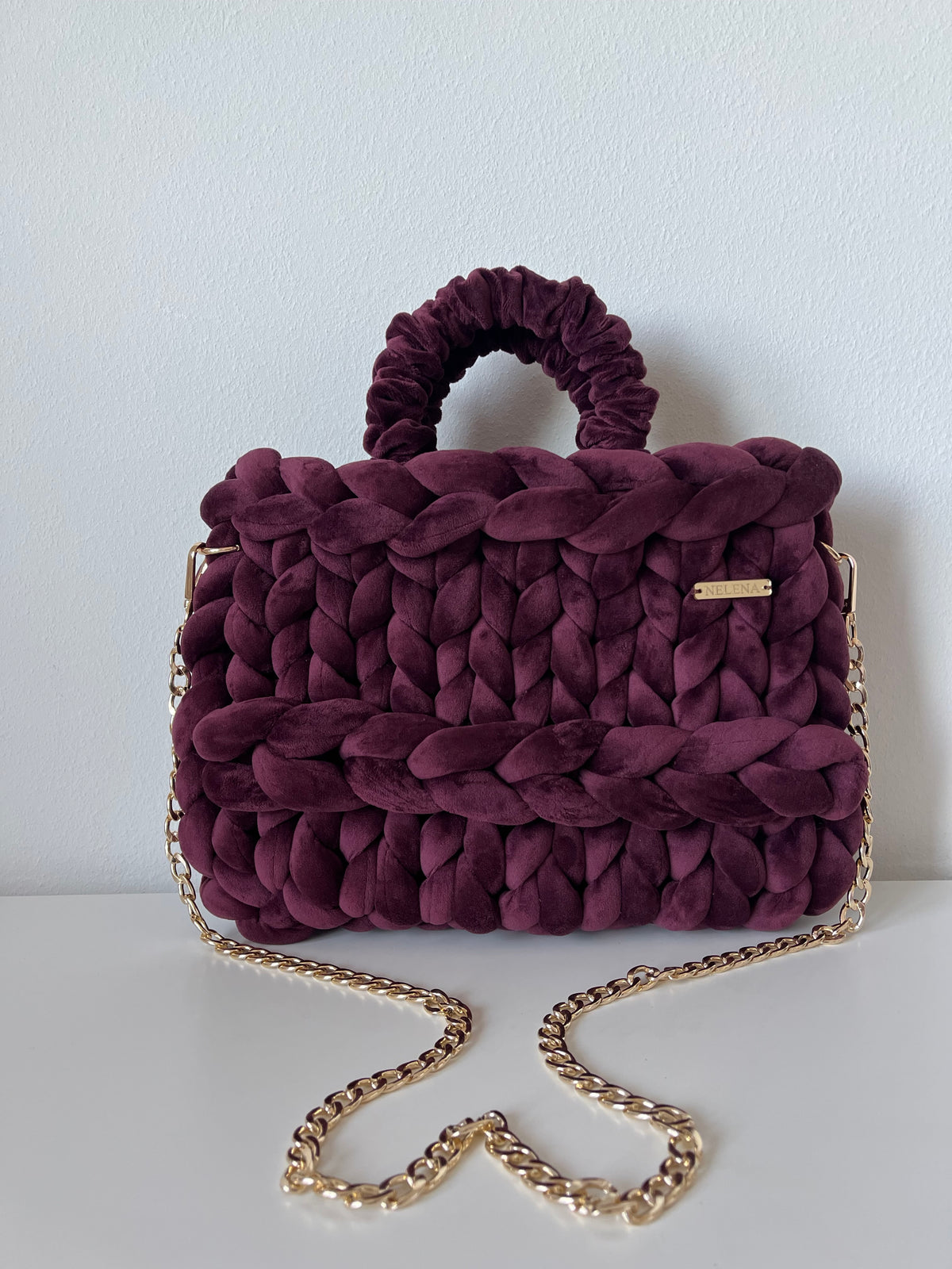 VELOURA – Handmade Burgundy Velvet Bag with Gold Chain