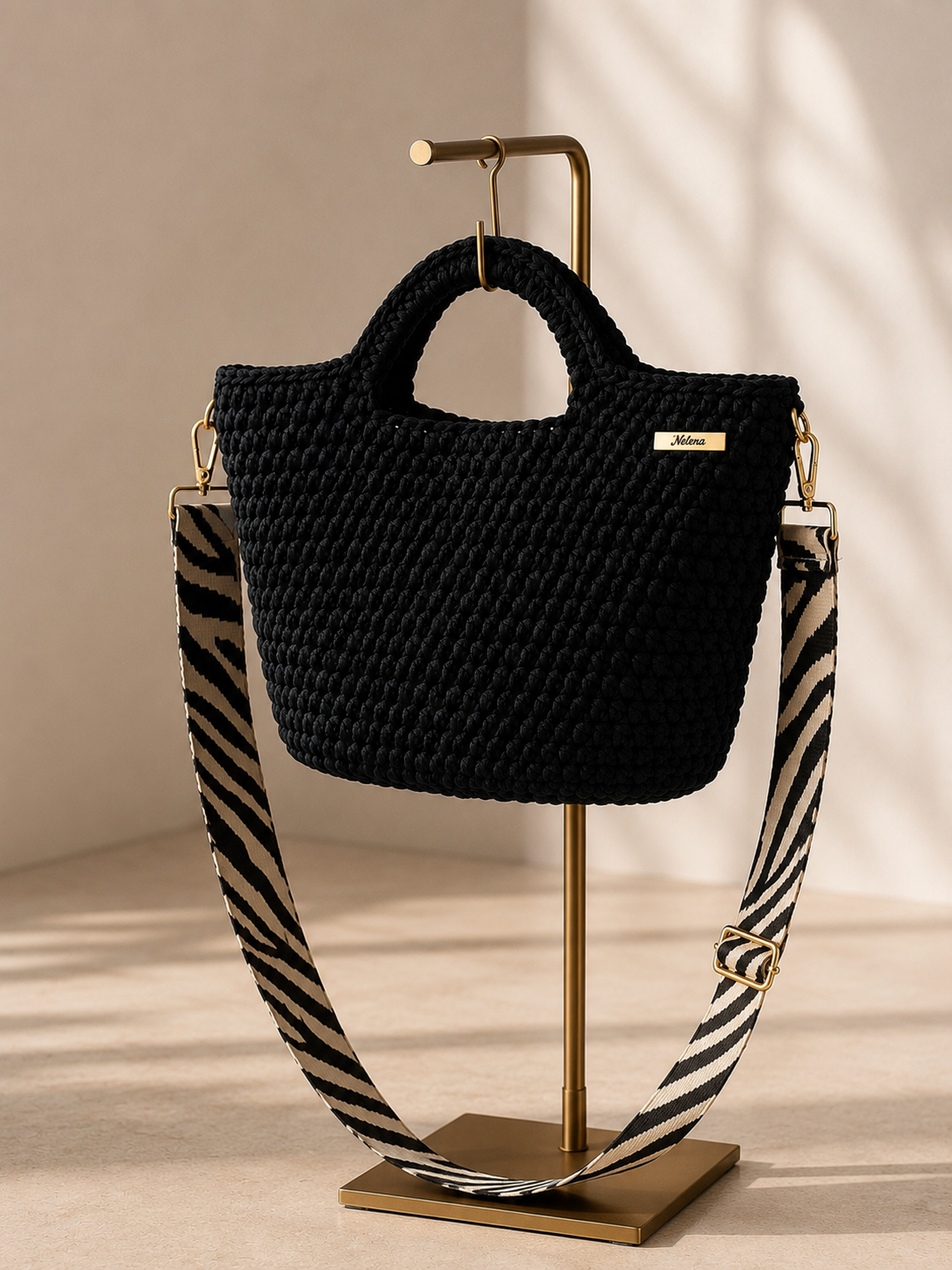 Handmade Crochet Tote Bag – Black Zebra