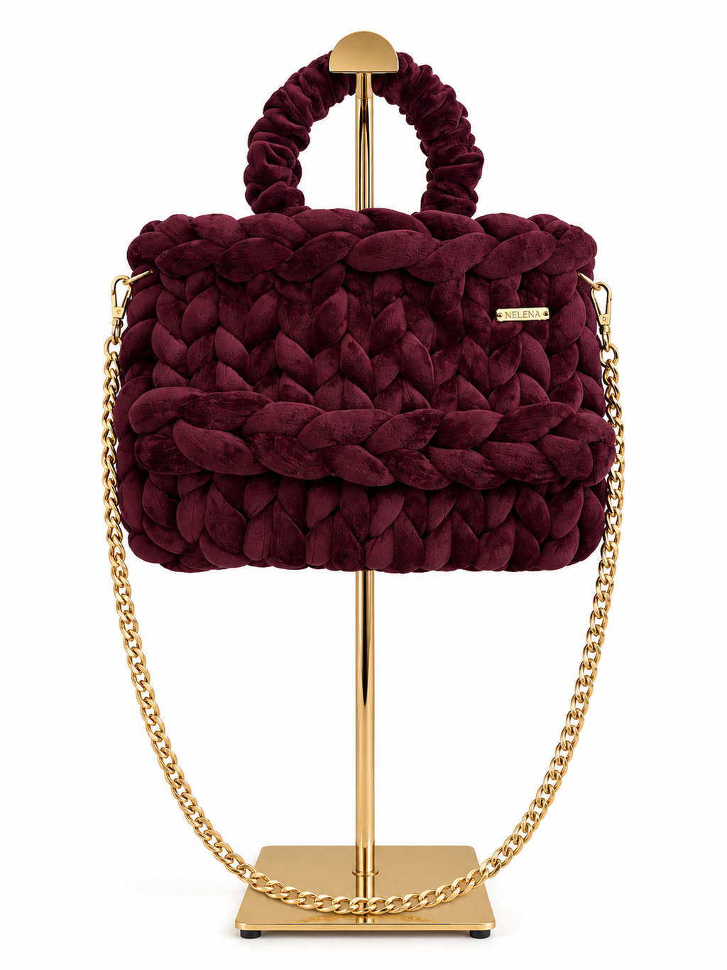 VELOURA – Handmade Burgundy Velvet Bag with Gold Chain