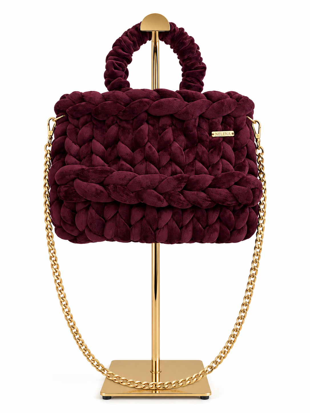 VELOURA – Handmade Burgundy Velvet Bag with Gold Chain