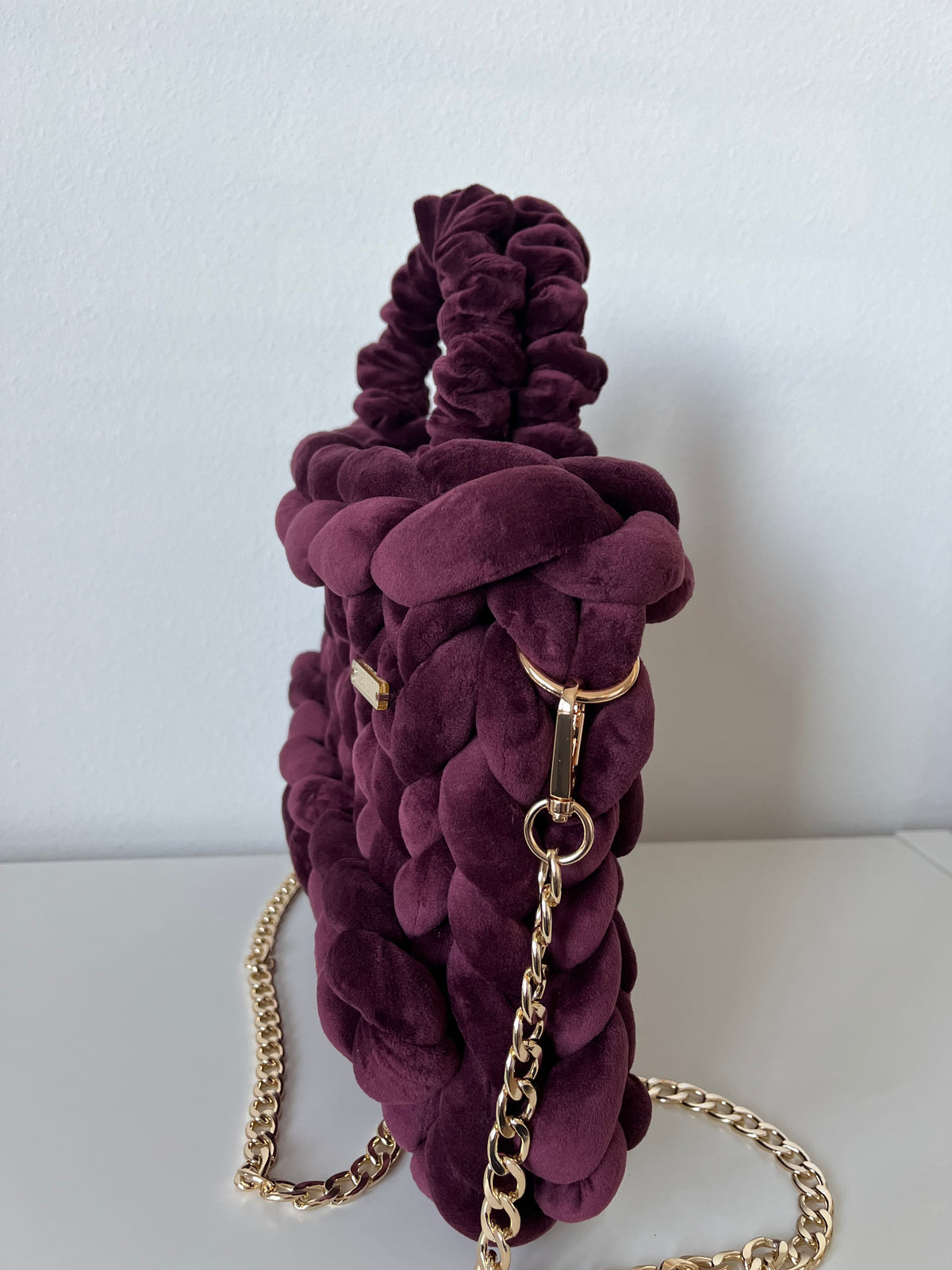 VELOURA – Handmade Burgundy Velvet Bag with Gold Chain