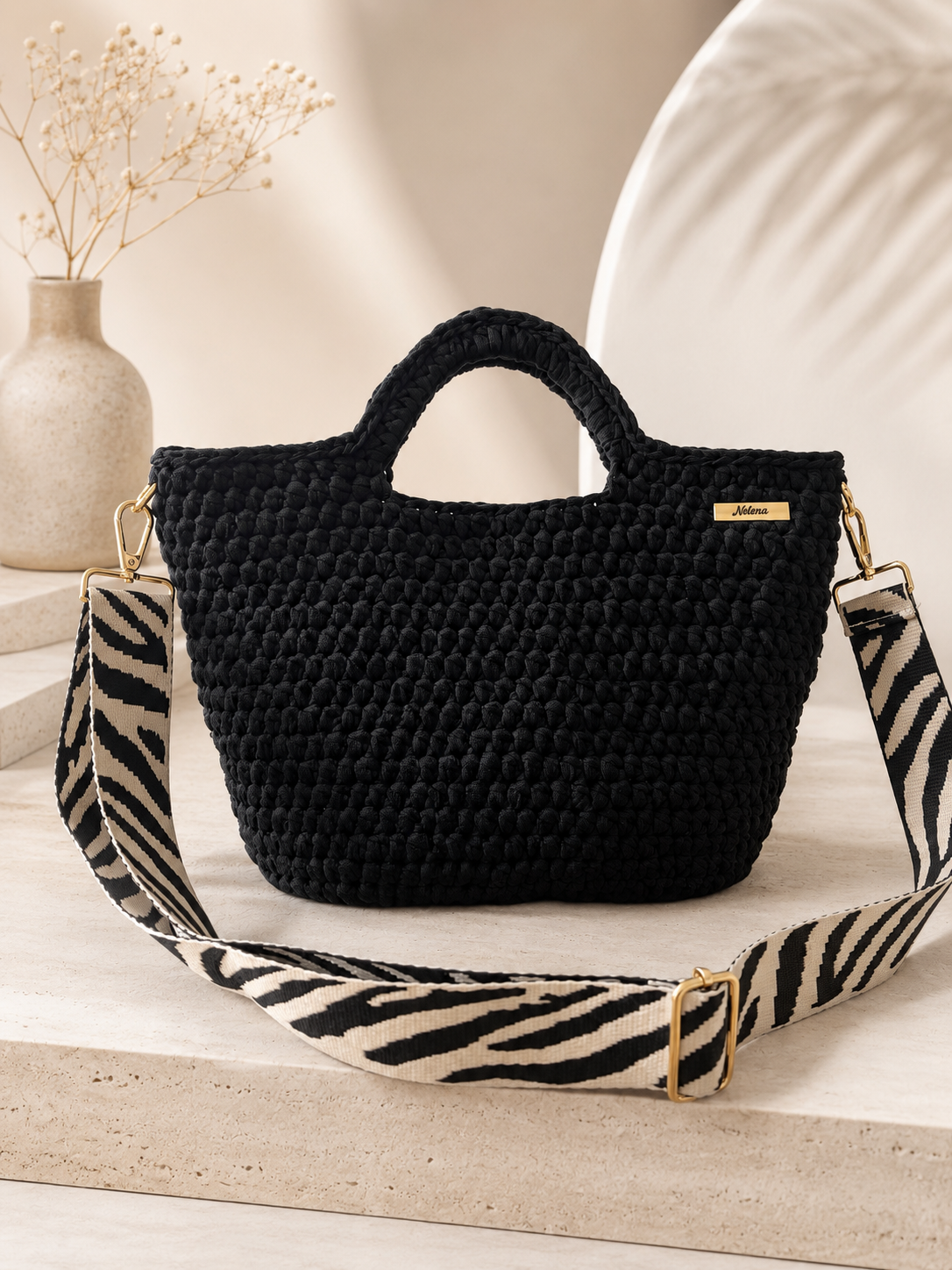 Handmade Crochet Tote Bag – Black Zebra