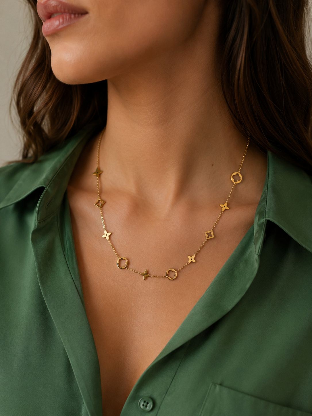Gold Stainless Steel Clover Charm Necklace